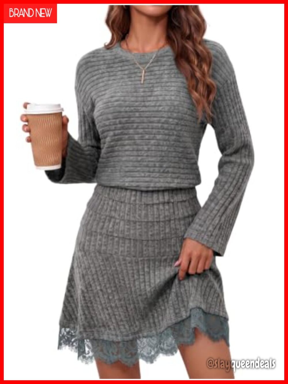 Womens Ribbed Knit Sweater Mini Dress Long Sleeve A-Line Lace Hem Fall